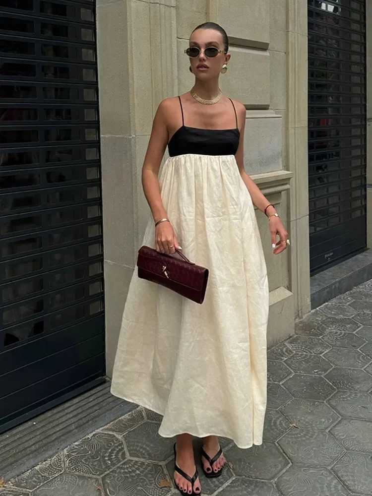 Contrast Splicing Loose Sling Long Dresses Women Square Collar Sleeveless Backless High Waist Dress 2024 Summer Lady Street RobeT260314