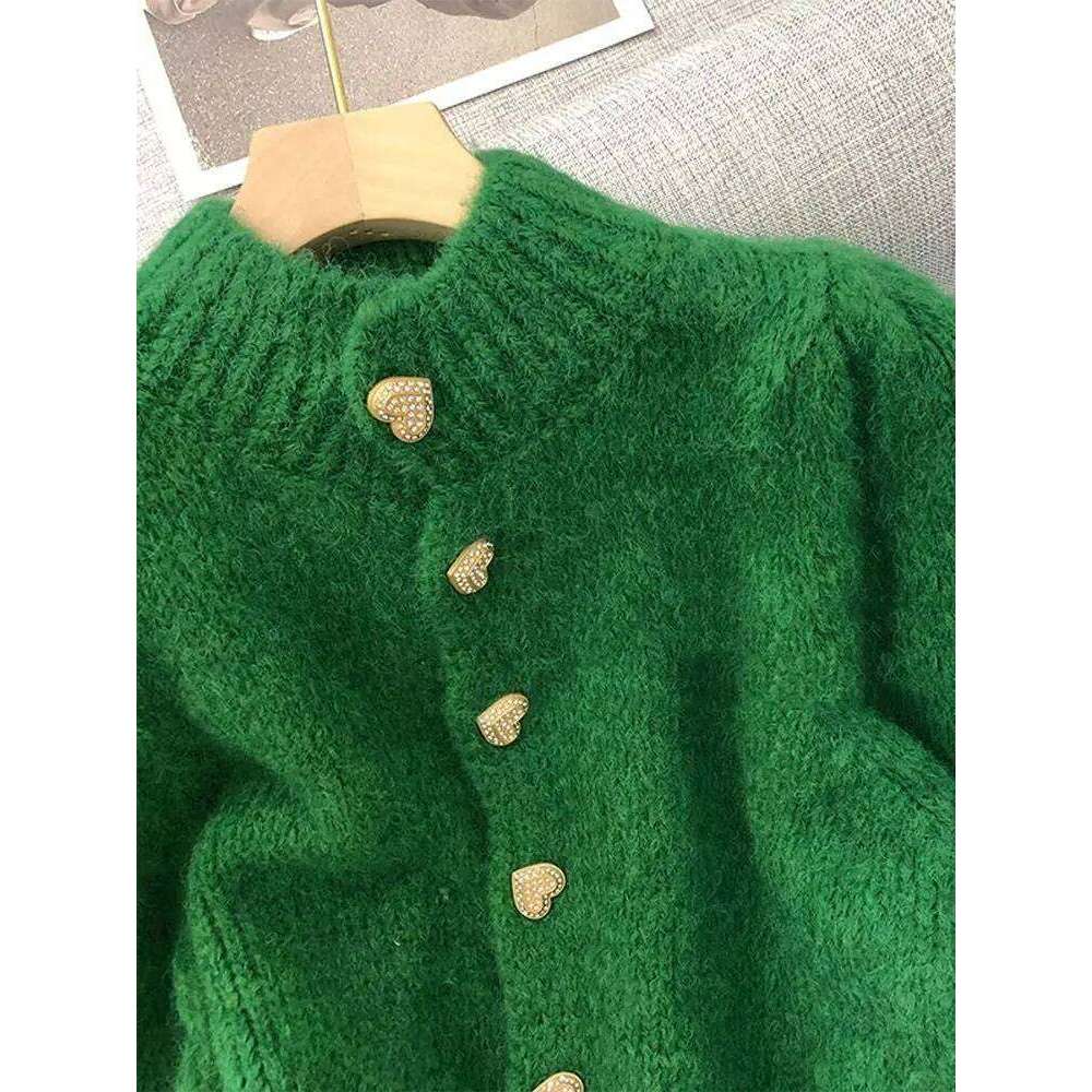 Green Knitted Cardigan Sweaters Autumn Half High Collar Sweet Korean Fashion Winter New Casual Jacket Z260313