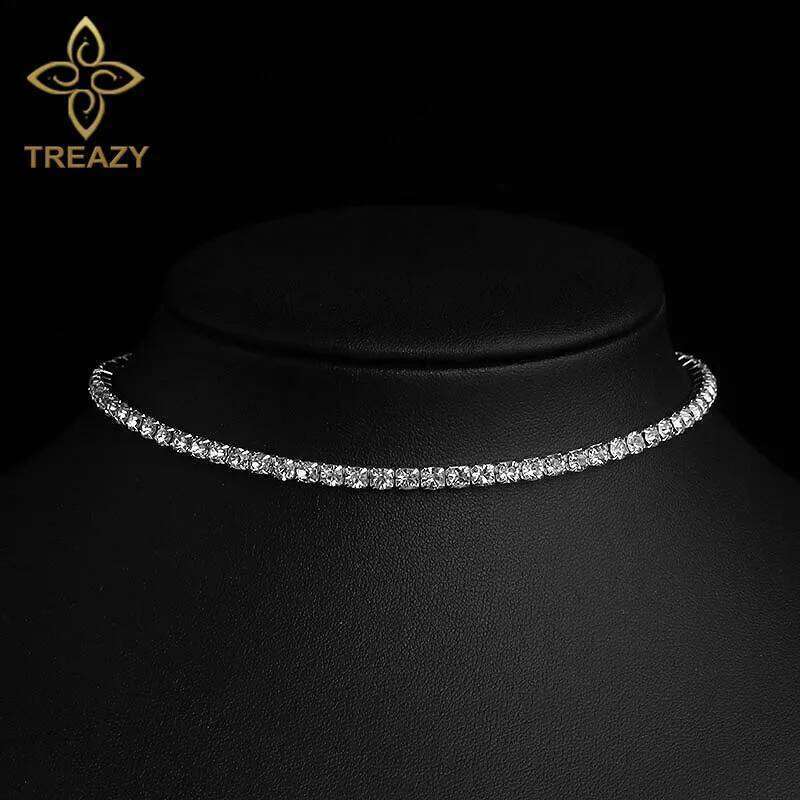 TREAZY Bridal Wedding Prom 1-5 Row Rhinestone Chain for Women Diamante Crystal Choker Necklace Elastic Cord H260312