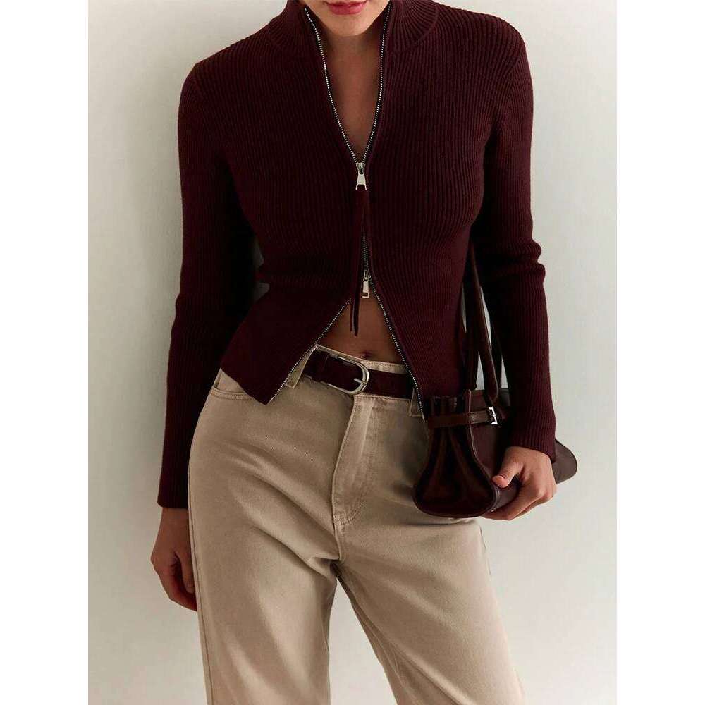 Trendix Women Winter Knit Cardigan Fashion Stand Collar Patchwork Long Sleeve Zipper Sweater Femme Slim Knitted Rib Cardigans Z260313