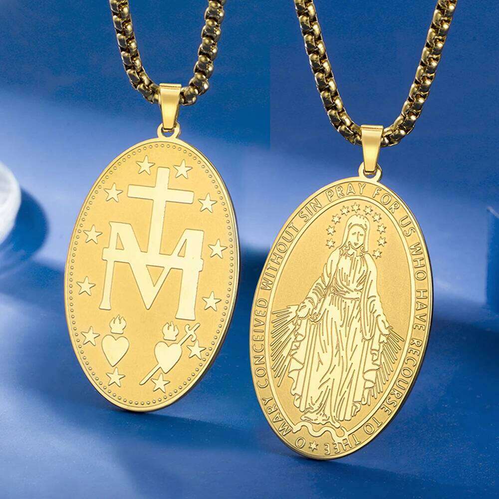 Dawapara Religious Virgin Mary Double Sided Carved Necklace Catholic Mother of God Pendant Stainless Steel Jewelry H260312