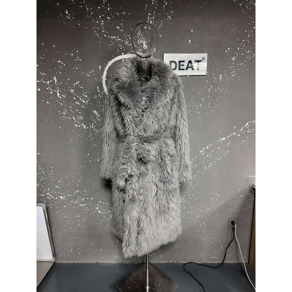 DEAT Fashion Gray Imitation Fur Coat Women's Lapel Loose Long Sleeves Plush Thick Overcoat Winter New 7A1438 Z260313