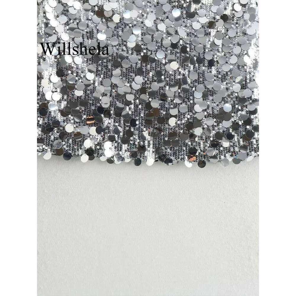 Willshela Women Fashion With Sequined Solid Side Zipper Mini Skirt Vintage High Waist Female Chic Lady Skirts Z260314