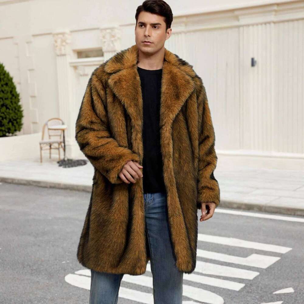 Men Faux Fox Fur Coats Thick Overcoats Jackets Long Sleeves Turn Down Collar Open Stitch Straight Maxi Casual 2025 Autumn Winter Z260313