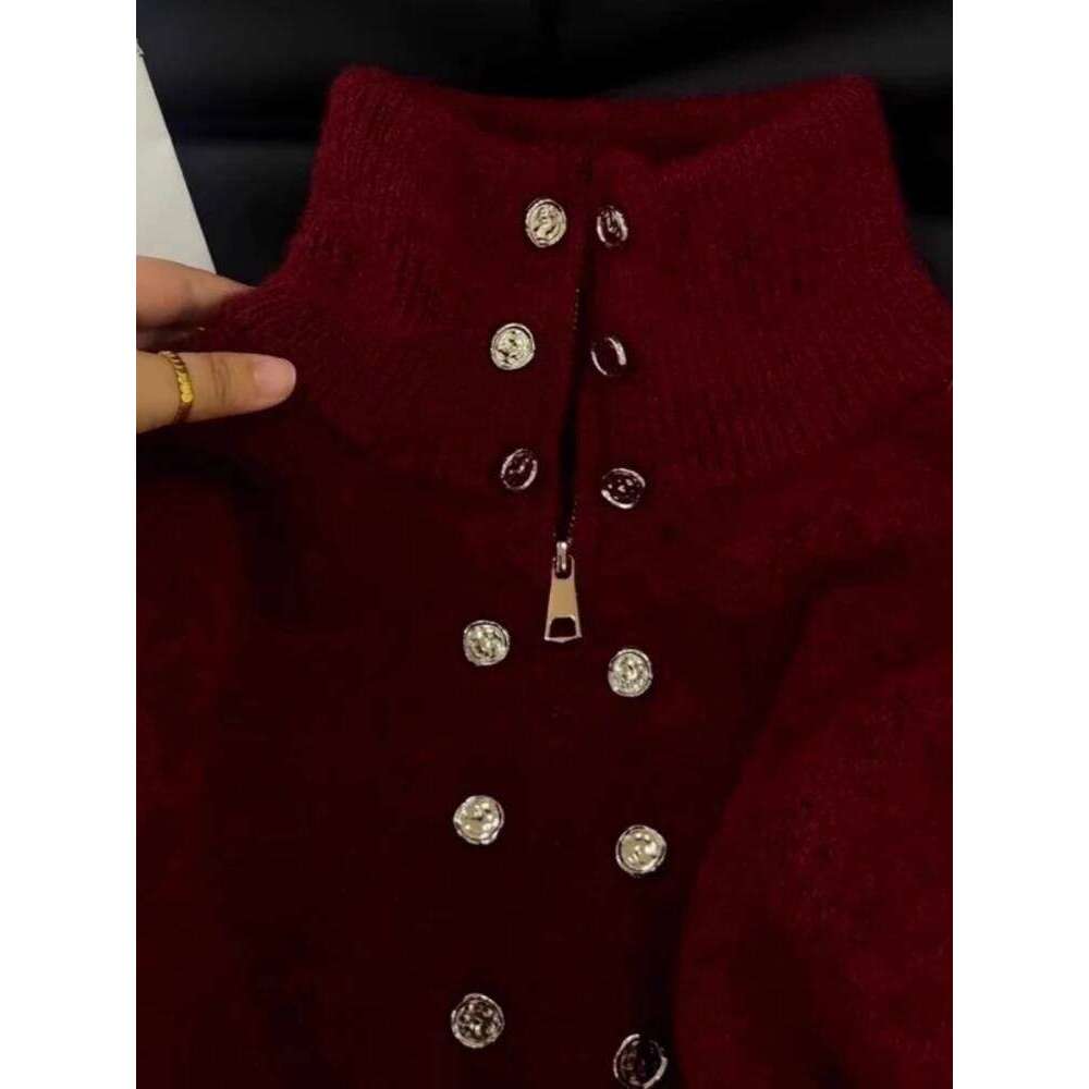 Luxury Fluffy Knitted Cardigan Design Double Breasted Sweater Coat Women Autumn High-end Lazy Zipper 2000s Y2k Knit Top Z260314