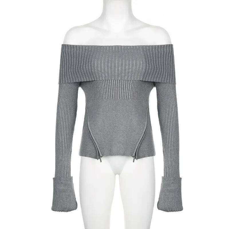 Harajuku Slash Neck Solid Sweaters Grunge Vintage Women Bottoming Pullovers Off Shoulder Y2k Aesthetic Casual Knitted Jumper Z260313