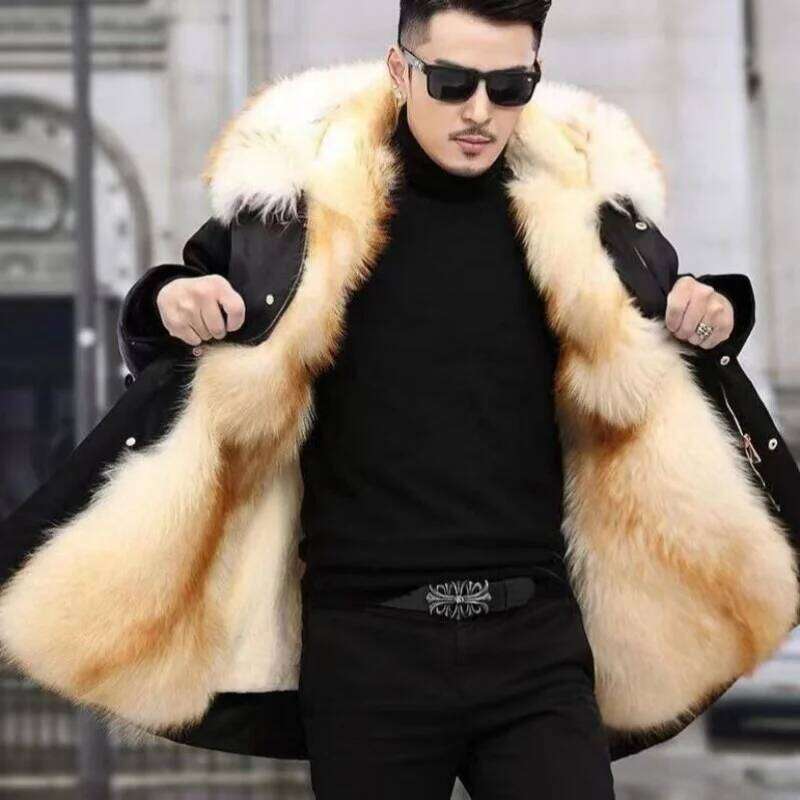 Men's Parka Coat Faux Fur Collar Detachable Medium-Length Winter Jaet Long Sve Hooded Casual Outerwear Z260313