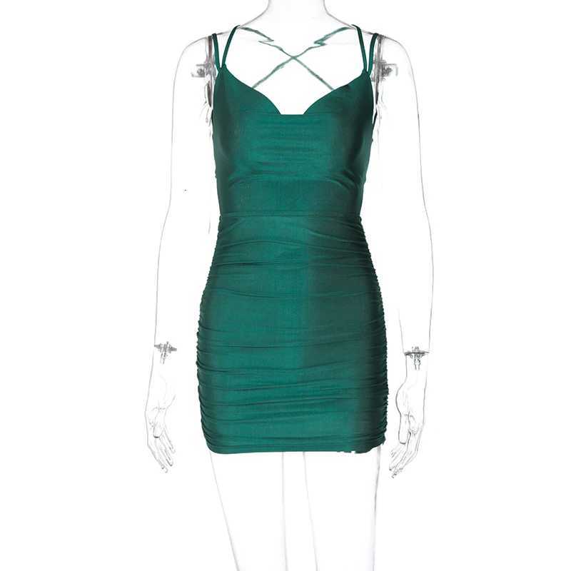 Summer Women Lace Up Strap Mini Dress Backless Bodycon Bandage Party Elegant Club Streetwear Slim Solid Ruched Green Clothes Y2KT260316