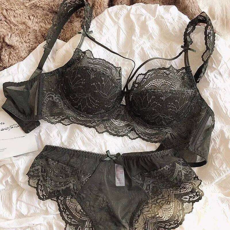MOYISU Sexy Lace Bralette Set Small Busts French Design Removable Straps with Thin Push Up Pads, Soft Underwire Bra Cover Top AB