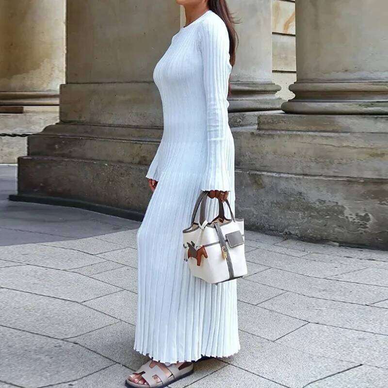 Women Elegant Solid Pleated Knitted Maxi Dress Casual Round Neck Long Sleeve Lace Up Dresses Autumn Lady High Street Robes Z260314