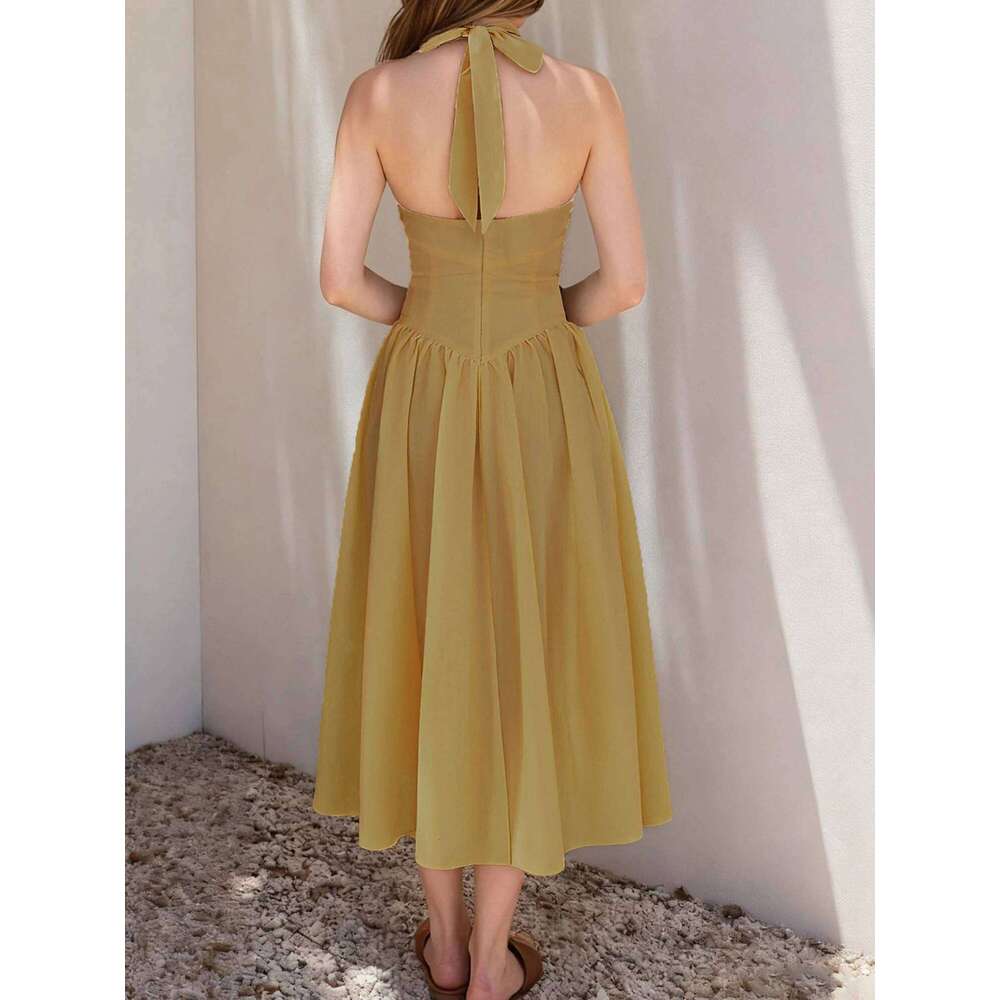 Women Halter Neck Dress Sleeveless Solid Color/Dot Print Summer Elegant A Line Dresses Z260313