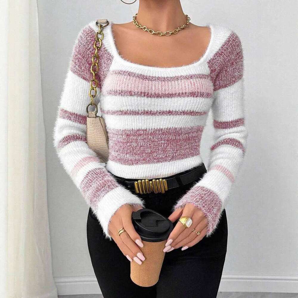 Sweater Pullover Women Knitted Top Stripe Print Square Collar Knitwear Autumn Winter 2025 Streetwear Vintage Knitting Jumpers Z260313