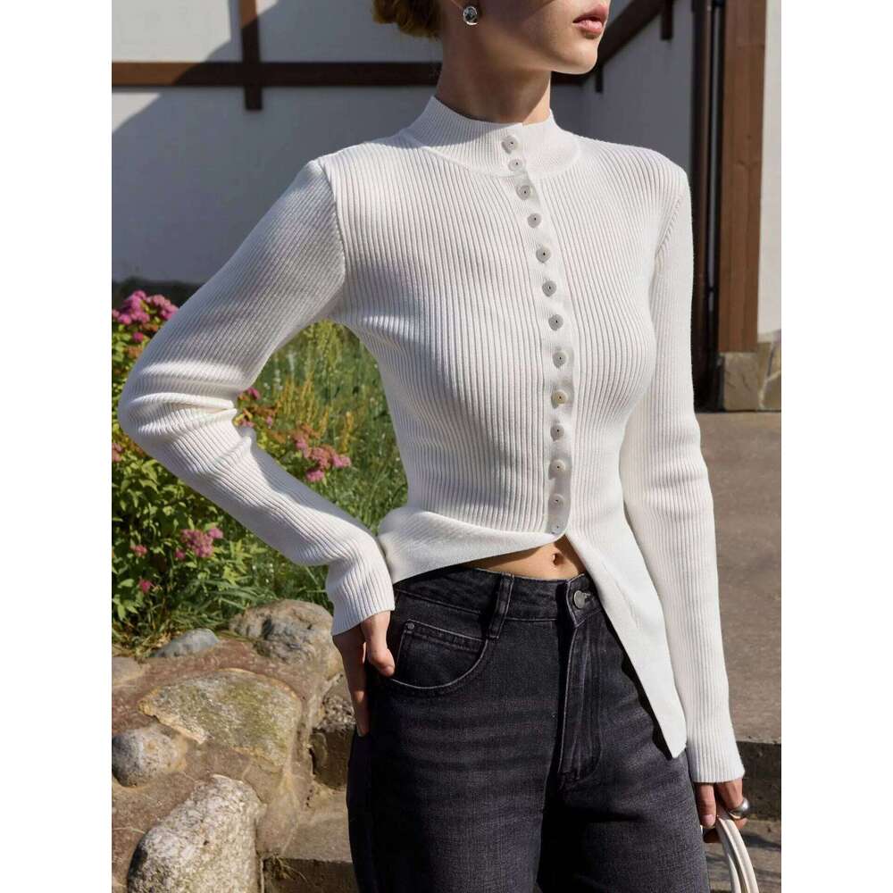 Cryptographic Buttons Ribbed Knitted Cardigan Sweaters for Women Long Sleeve Tops Slim Warm Autumn Winter Solid Clothes Z260313