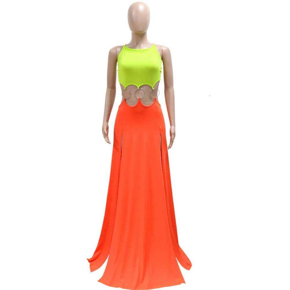 Beyprern Women's Hollow Out O-Rings Metal Long Fashion Backless Bandage Holiday Dresses Vacation Outfits Sexy Clubwear