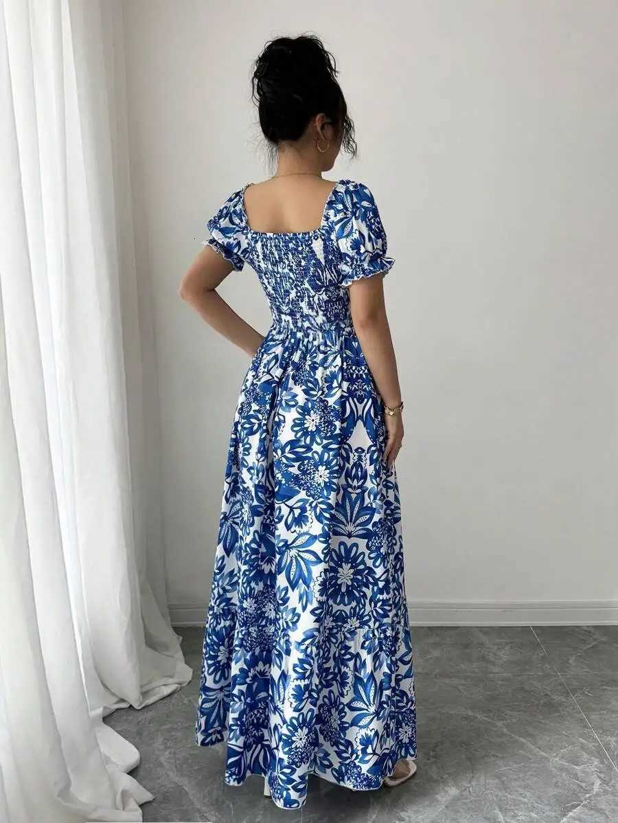Elegant Womens Floral Print Bubble Sleeve Dress Blue Long Dress Front Tie Back Gathered Waist Casual VacationT260314