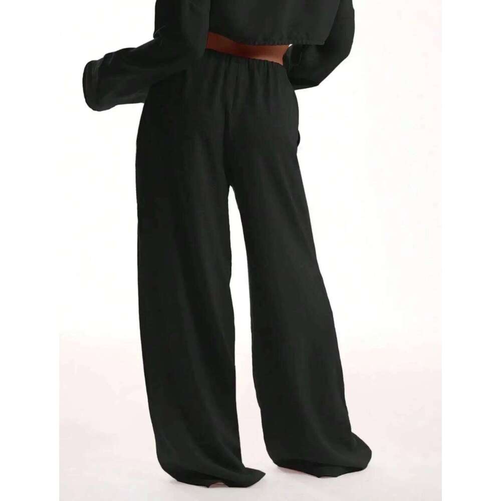 Casual Oversized White Solid Wide Leg Pants Fashion Women Elastic High Waist Pocket Baggy Sweatpant Office Lady Commute Trousers