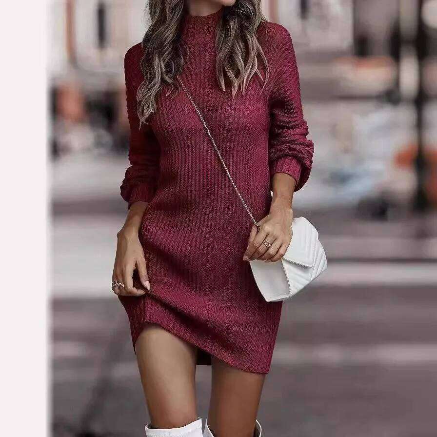 Pullover For Women Long Sleeve Turtleneck Ribbed Knit Bodycon Short Dress 2025 Fall Winter Tight Sweater Dresses Z260314