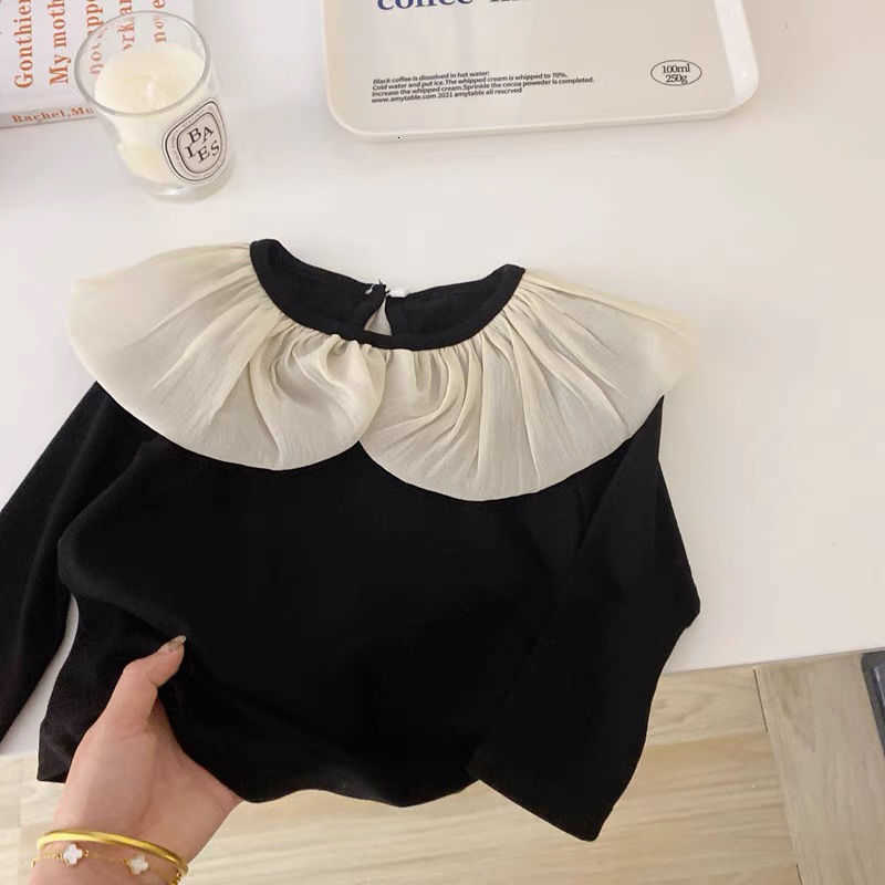 T-shirts Girls' Spring and Autumn Thin Long-Sleeve Sweet Princess Elastic Children's T-Shirt Top with Lace Collar Girls' Clothing