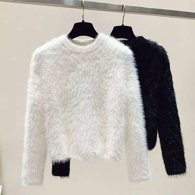 Fuzzy Pullover Women Soft Plush Solid Color Simple Sweater White Mink Fur Sweet Loose-Fit Warm Sweaters Knitwear Jumpers Z260313