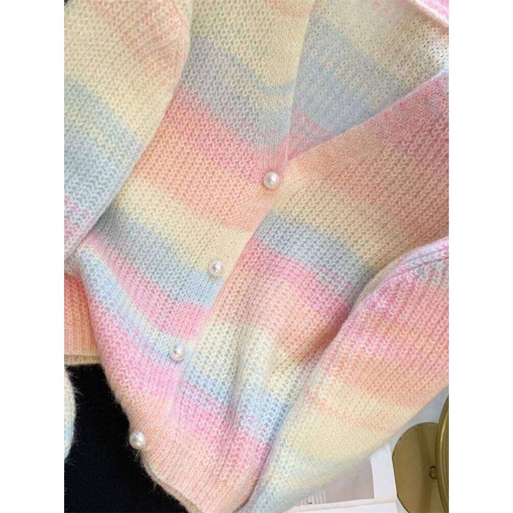 Fashion Rainbow Cardigan Sweaters Women Elegant Pearl Buttons Knitted Coat Chic V Neck Casual Korean Sweet Female Tops Z260313