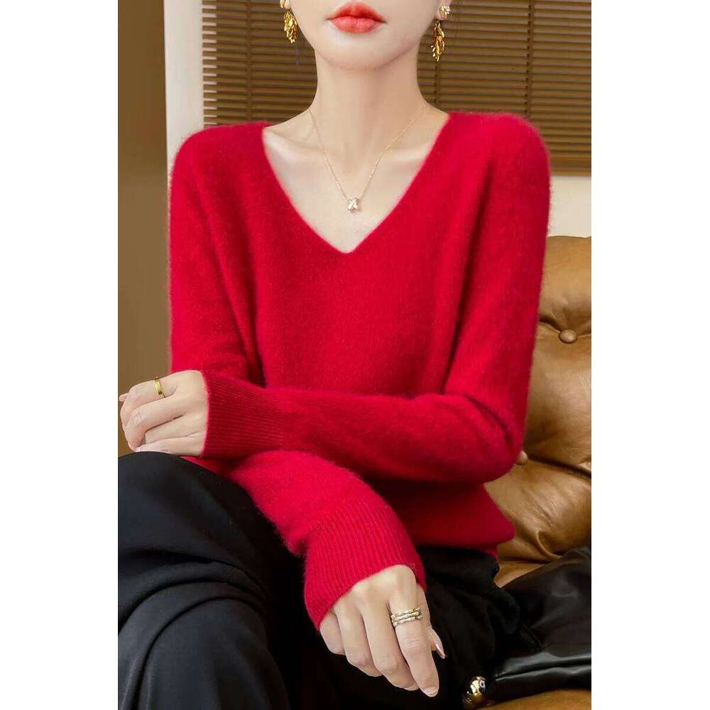 Autumn Winter Women Cashmere Casual V-neck Pullover 100% Merino Wool Knitwear Basic Bottom Sweater Korean Popular Z260314
