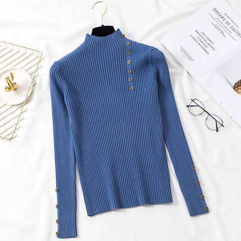 2025 Women Autumn Slim Sweaters Female Solid Knitted Cotton Soft Elastic Pullovers Button Full Sleeve Turtleneck Z260314