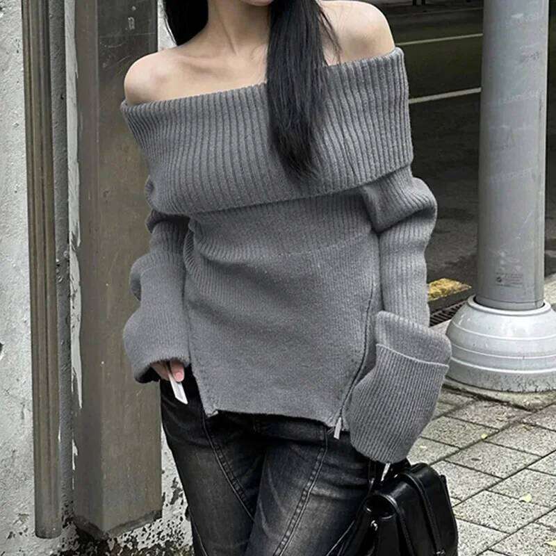 Harajuku Slash Neck Solid Sweaters Grunge Vintage Women Bottoming Pullovers Off Shoulder Y2k Aesthetic Casual Knitted Jumper Z260313