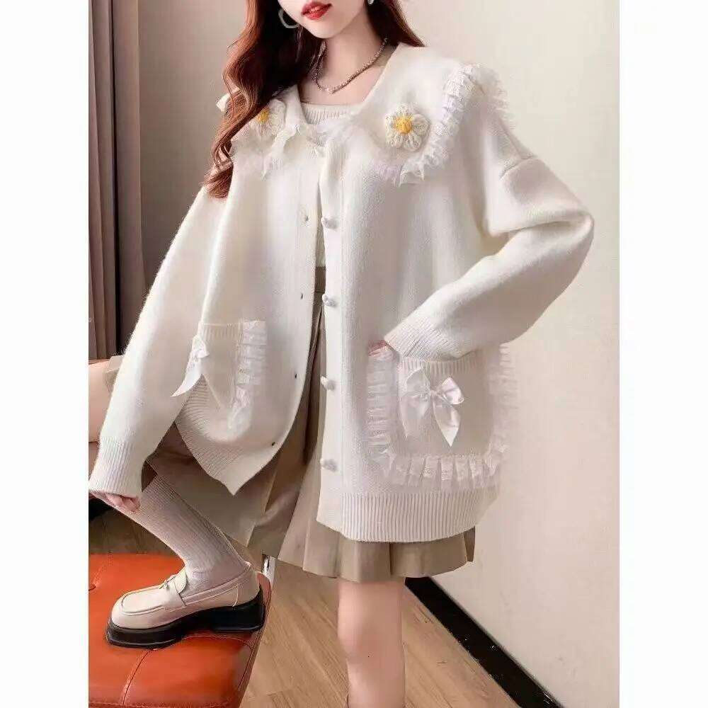 3D Flower Peter Pan Collar Packets Bow Lace Cardigan Sweaters Women Pullover 2025 Autumn Winter New Loose Knitted Sweater Tops Z260313