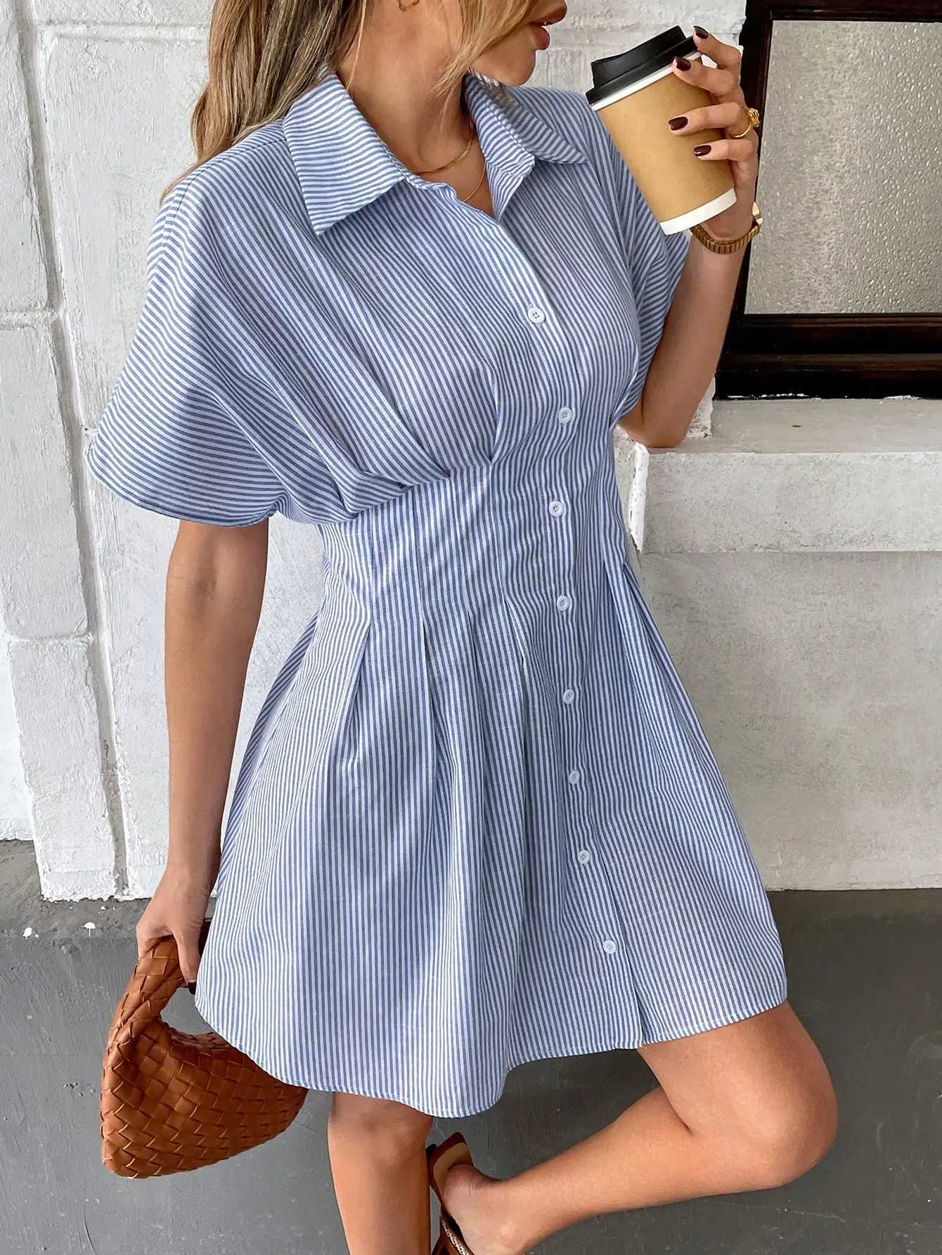 Navy White Striped Shirt-Style A-Line Mini Dress with Short SleevesT260314