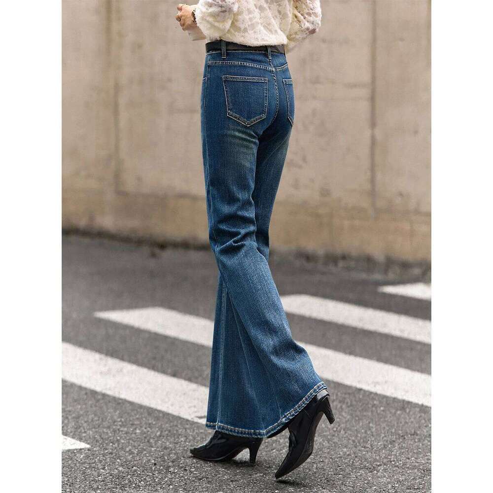 VIMLY Women's Denim Pants 2025 Winter Retro Washed Waist Cinching Slim Flared Jeans Elegant Button Pocket Women Bottoms 75219 Z260313
