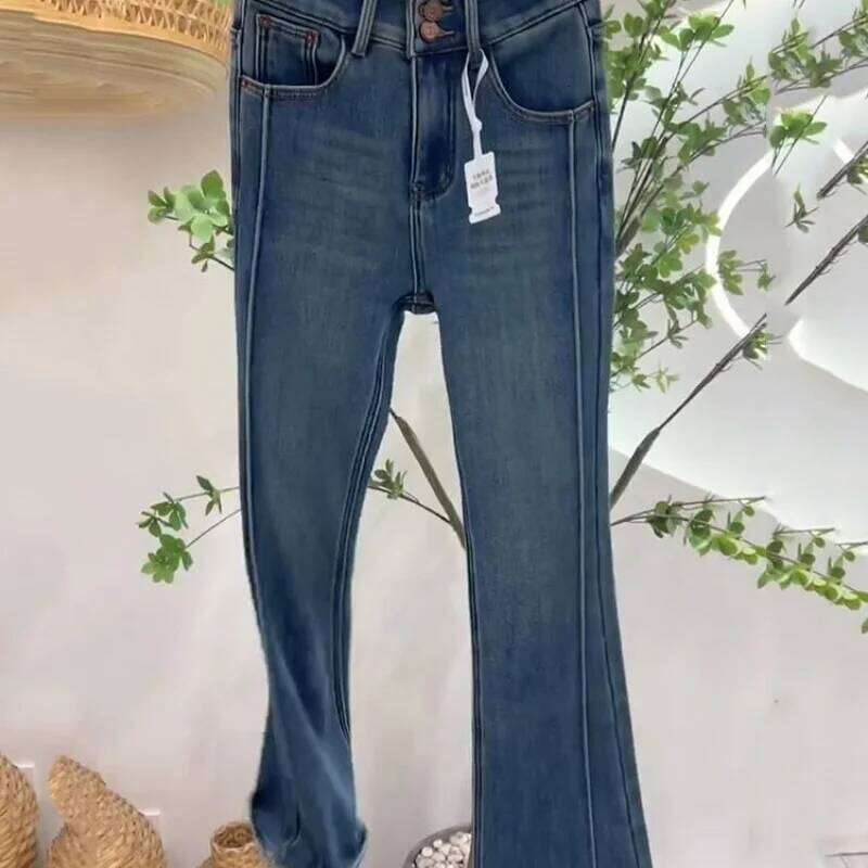 Women's Winter 2025 New Style Flared Pants Retro Blue Thickened Fleece Lined High Waist Jeans for Petites Z260313