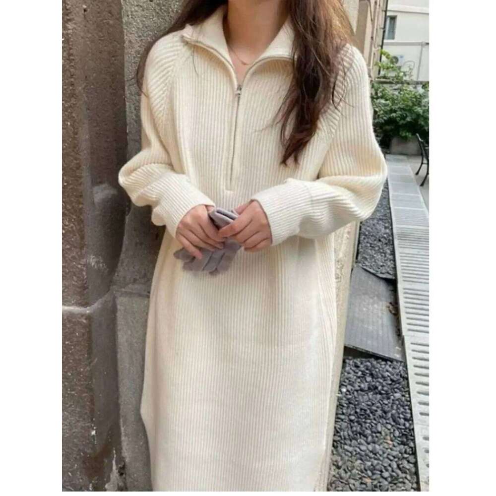 Lazy style over-the-knee mid-length lapel loose knit women autumn winter inner wear base layer knitted dress Z260313