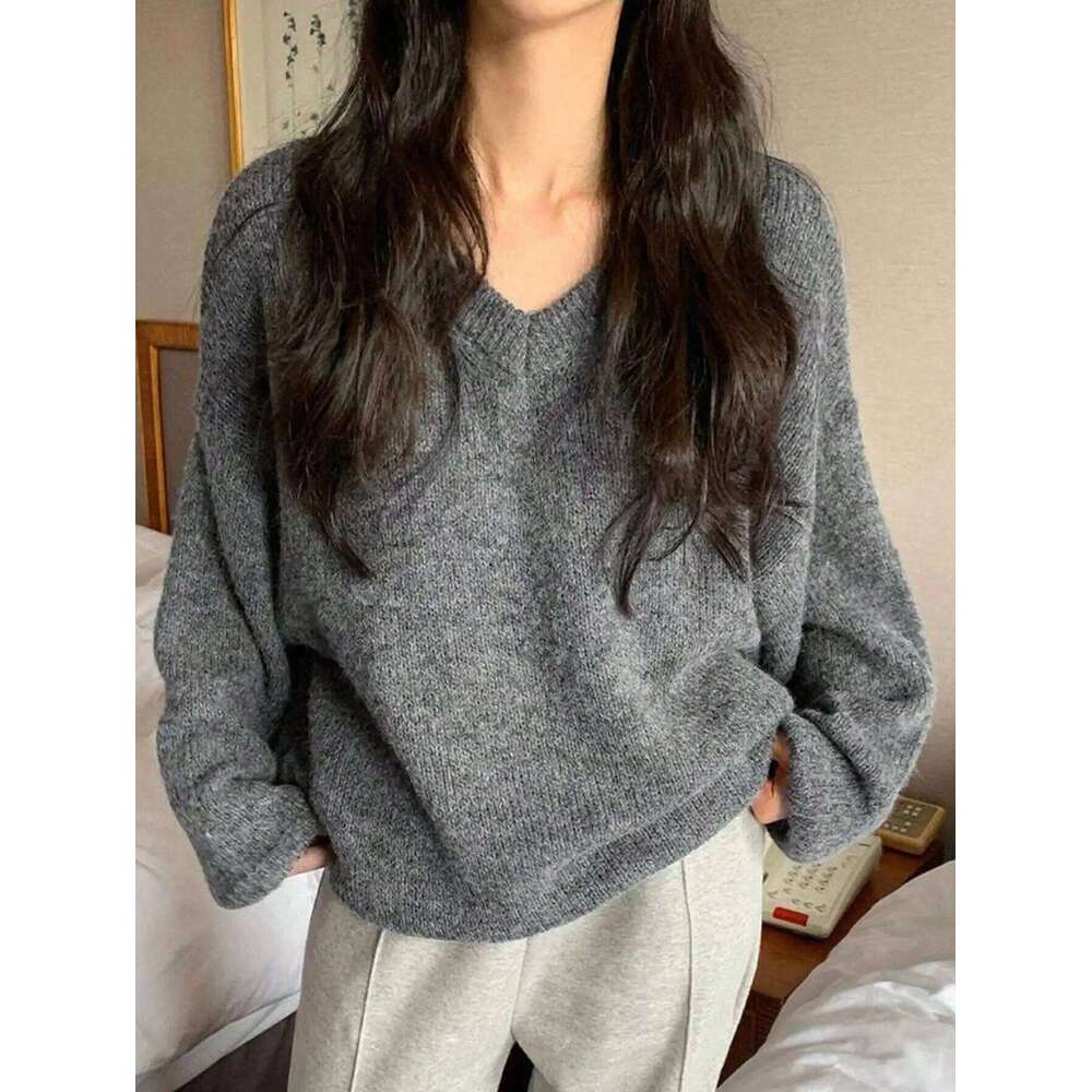Women's Oversized V-Neck Knit Sweater Soft Loose Long Sleeve Casual Pullover Gray Z260313