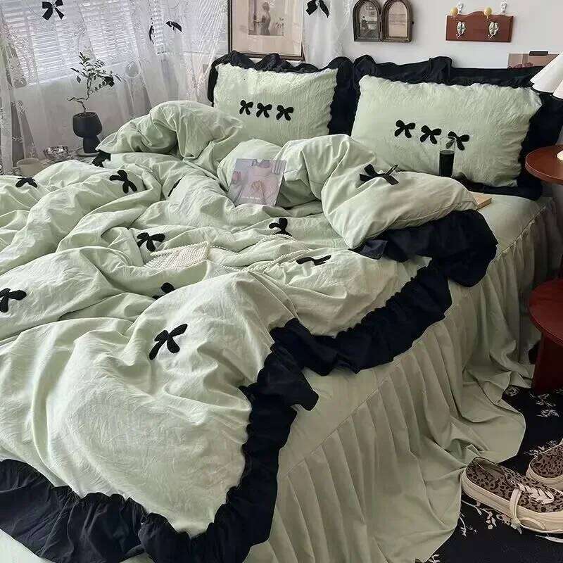 Y Home Ins Girl Bow Lace Washed Cotton Four-Piece Set Available For four Seasons Bed Skirt Bedding 4 Dormitory Three-piece set H260312 - view 7