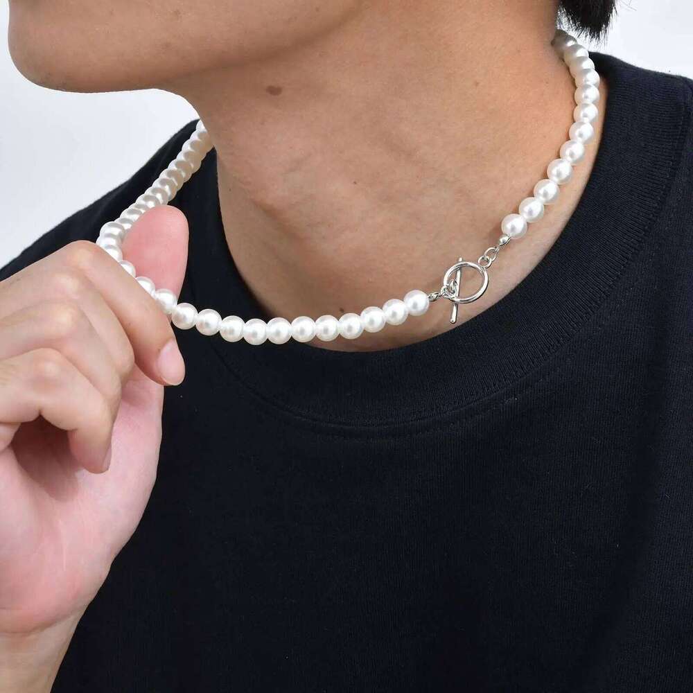 Fashion Metal OT Buckle Imitation Pearl Necklace for Men Women, Light Handmade Beads Neck Chain Jewelry Unisex H260312