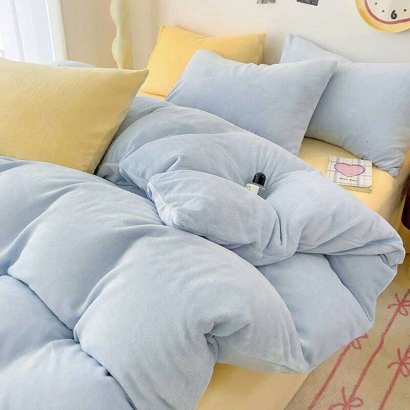 1/3/4pcs Winter Duvet Cover or Bed Set Flannel Velvet Home Linens Warmth Coral Fleece Plush Candy Solid Bedding Drop Shipping H260312 - view 5