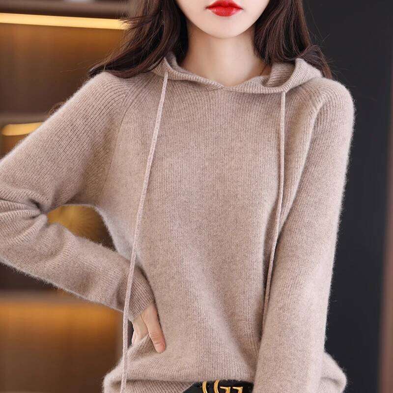100% Merino Wool Women's Autumn Winter Casual Long Sleeve Soft Cashmere Knitted Hoodie Sweater Pullover Korean Female Clothing Z260313