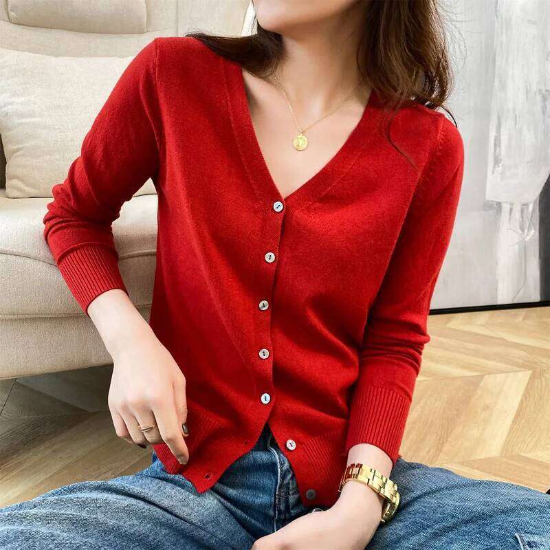 Autumn Winter Knitted Women's Thin Short Round Neck Sweater Loose V Long-sleeved Korean Temperament Cardigan Z260313