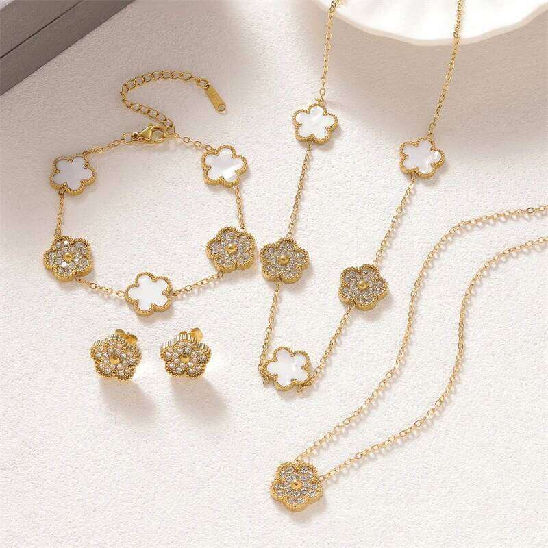 316L Stainless Steel 2025 New Fashion Fine Jewelry Set Zircon 5- Flowers Charm Chain Necklaces s Earrings For Women H260312
