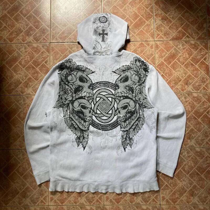 2025 American Vintage Oversized Skull Graphic Zipper Hoodie Men Y2K Harajuku Hip Hop Gothic Couple Casual Joker Sweatshirt Coats Z260314