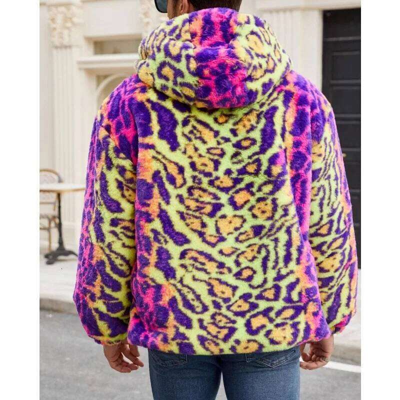 Men's Clothing Faux Fur Coat Bestseller for with Plush Color Contrast Warm Thick Leopard Print Jacket Z260313