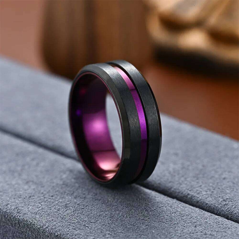 Fashion 8mm Purple black oblique two-color ring For Women Matte Brushed Men Stainless Steel Rings Wedding Band Jewelry Gifts H260312
