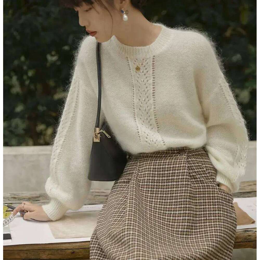 New 2025 Autumn Spring Soft Mohair Sweater Chic Women O Neck Knitted Hollow Out Lantern Sleeve Loose White Short Thin Pullover Z260313