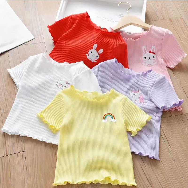 Women's Knits & Tees Ice silk new sweet children's short-sleeve t-shirt summer outfit with ruffled edges cute and stylish top for little gir