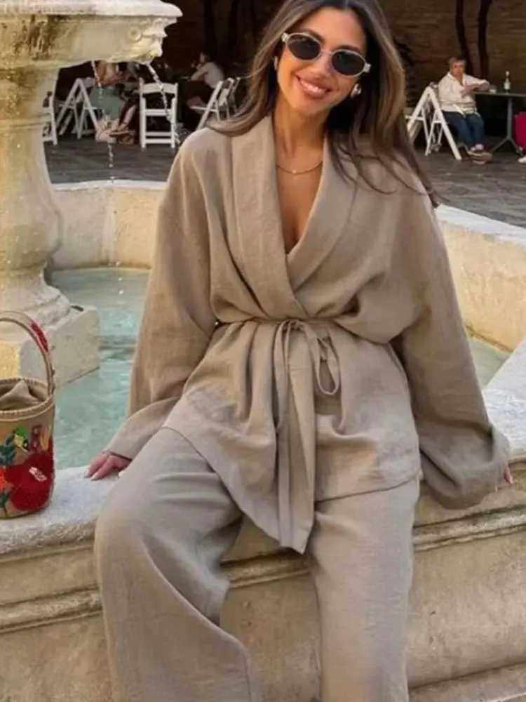 HH Women Loose Wide Leg Pant Set Fashion Lapel V Neck Long Sleeve Thin Blazer Coat With Belt 2024 Summer Ladies Solid Suit M260313