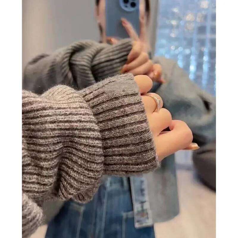Women's Grey Denim Patchwork Knit Cardigan Jacket long sleeves Short Coat Single breasted Fashion Lady Sweater Outwear Z260313