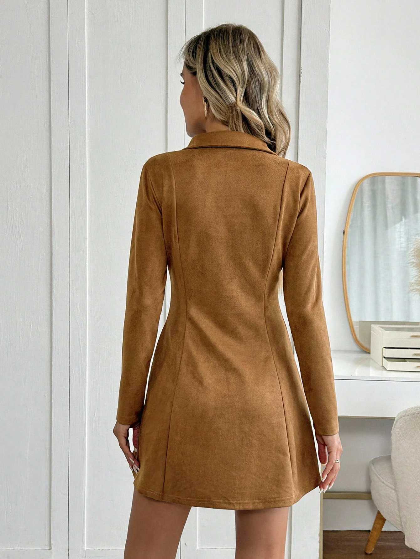 2025 New Arrival Womens Camel Suede Collared V-Neck Long Sleeve Slim A-Line Mini Dress Autumn Winter Daily Date OfficeT260314