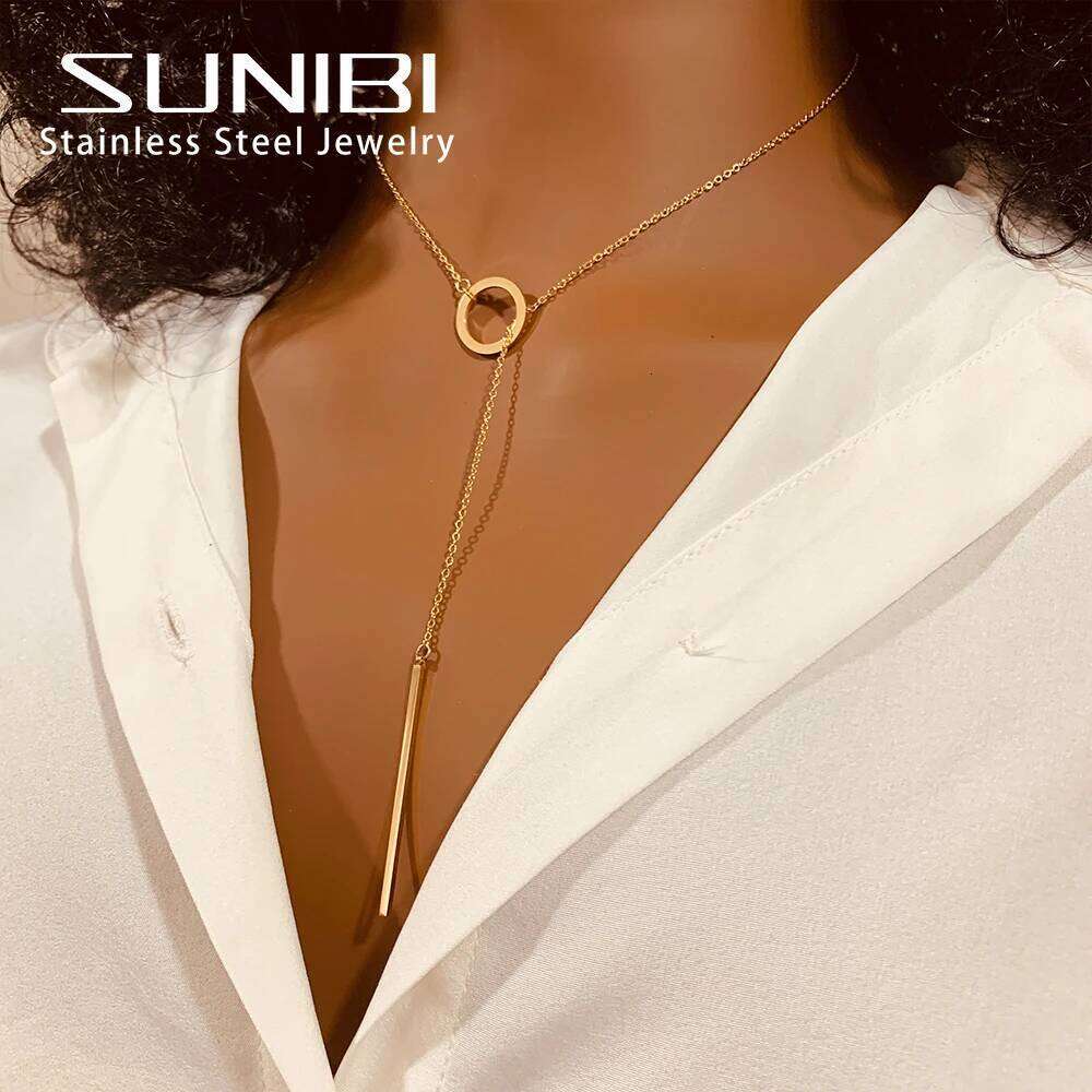 SUNIBI Vertical Bar Pendant Necklaces Stainless Steel Simple Long Lariat Chain Minimalist Dangle Necklace for Women Jewelry Gift H260312
