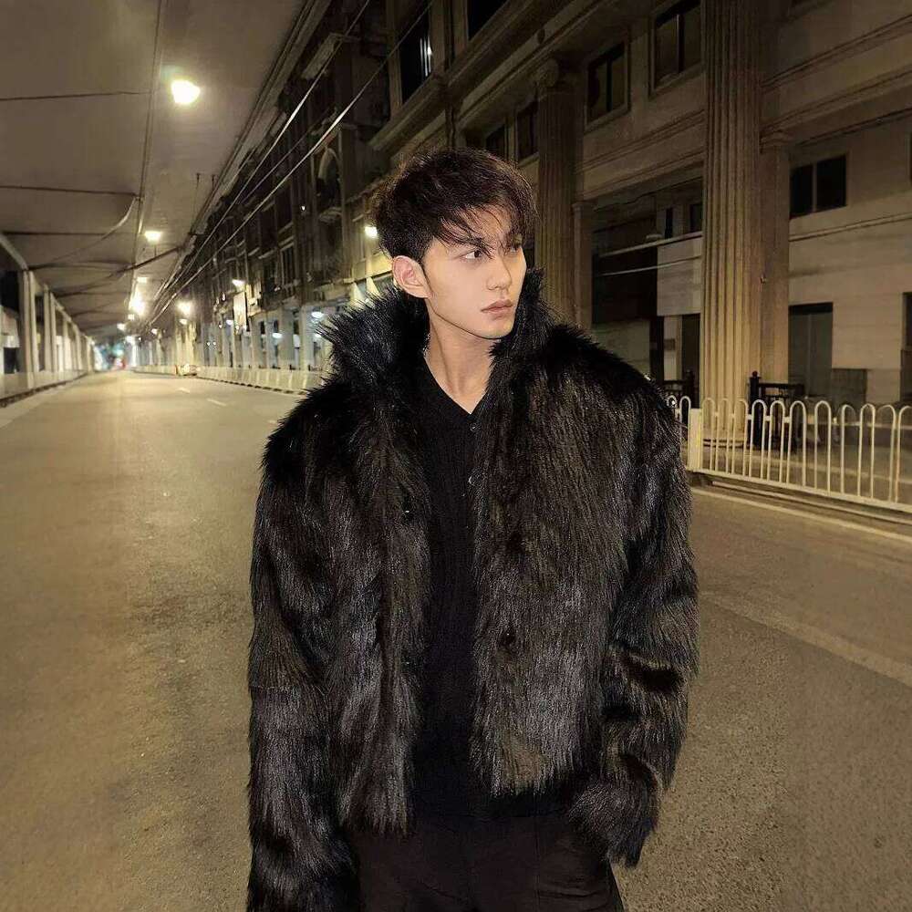 Autumn Winter New Fashion Men's Black Solid Color Casual Trendy Loose Stand Collar Long Sleeve Faux Fur Coats Male Clothes Tops Z260313