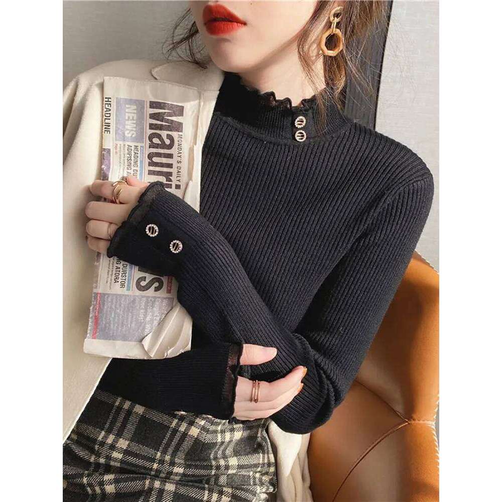 2025 Knitted Women Sweater O-neck Button Pullovers Autumn Winter Basic Sweaters for Female Pullover Slim Solid Bold Lace Tops Z260314
